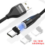 BeeGeek AM60 USB kábel 1M 3A 18W QC 3.0 gyorstöltés USB-C, Type-C mágneses fejjel, 1m fekete