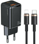 USAMS töltő 1xUSB-C+1xUSB T43 33W PD3.0 +QC3.0 + kábel U63 USB-C - lightning fekete USKTZ01