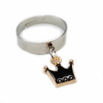 Maria King Fekete tűzzománc korona charmos állítható méretű gyűrű, ezüst színű, választható szélességben (STM-455-gy-e)