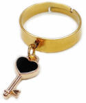Maria King Fekete tűzzománc kulcs charmos állítható méretű gyűrű, arany színű, választható szélességben (STM-440-gy)