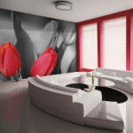 Artgeist Fotótapéta - Red tulips on black and white background 300x231