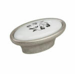 Demos Bútorfogantyú MARGARITA gomb ovális 34/28mm Antik Ezüst/Porcelán Fehér Virág (288815)