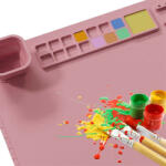 HQSGDMN Szilikon festő szőnyeg, festő paletta, festőlap - tapadásmentes, tisztító pohárral a festéshez, 14 szín + 1 keverő - rózsaszín