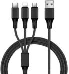  3 in 1 USB töltő és adat kábel 1m fekete, cipőfűző mintás Lightning, micro USB, USB-C