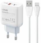 LDNIO A2421C USB-A + USB-C 22.5W hálózati töltő + USB-A - Lightning kábel fehér