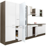 Leziter Yorki 370 konyhabútor yorki tölgy korpusz, selyemfényű fehér fronttal polcos szekrénnyel és alulfagyasztós hűtős szekrénnyel (L370YFH-PSZ-AF) - homelux