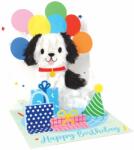  Popshots képeslap, négyzet, Happy Birthday, kutyus lufikkal, ajándékokkal (P1324)