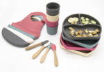 BabyJem Set diversificare 4 piese din silicon BabyJem: bavetica, farfurie, lingurita si pahar (Culoare: Ecru) (bj_7283) Set pentru masa bebelusi