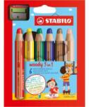 STABILO Creioane colorate STABILO woody 3 în 1 - acuarelă, ceară - 6 buc + ascuțitoare