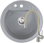 FERRO Set Chiuveta Ferro Mezzo II Rotunda cu o cuva Ø 51 cm, gri si Baterie Ferro Zumba Inox - baterie stativa bucatarie cu pipa flexibila, bej (DRGM1/51GA+BZA4PSS)
