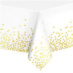 PartyPal Asztalterítő, műanyag, fehér, arany konfetti mintákkal, 137x 274 cm