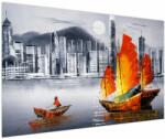 Mivali Tablou - Victoria Harbour, Hong Kong, pictură în ulei alb- negru, dintr-o bucată 150x100 cm (V023100V150100)