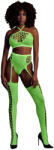 Ouch! Glow in the Dark Two Piece with Grecian Halter Neck Crop Top and Garter Belt Neon Green S/M/L