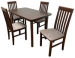  Set masa extensibila lemn masiv, living si bucatarie, DM4 Maxima, blat MDF Furniruit, colturi rotunjite, 120-150x70x76 cm si 4 scaune DM1 Tilo, lemn, stofa, 120 kg, nuc