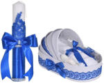  Set botez elegant, lumanare margelute si si trusou botez in landou, decor dantela albastra ingusta, Denikos® C9301 NKO5996 (NKO5996)