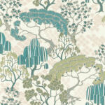  Egy varázsige és már is az álomerdő közepén állsz - stilizált fák és lombkoronák fehér rózsaszín zöld és türkiz tónus tapéta (691108)