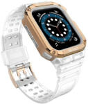 Apple Watch 1-6, SE, SE (2022) (42 / 44 mm) / Watch 7-9 (45 mm), Szilikon védőkeret, közepesen ütésálló, állítható szíjjal, kétszínű, átlátszó/vörösarany - tok-shop