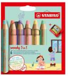 STABILO Set de creioane colorate, rotunde, groase, STABILO "Woody 3 in 1 Pastel", 6 culori pastelate diferite (8806-3)