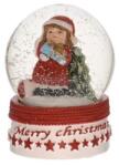  Hógömb Merry Christmas felirattal poly, üveg, 6, 8x6, 8x8, 5 cm, piros-fehér, kék csomag a kezében