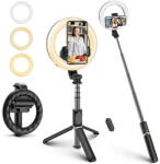 Techsuit - Selfie Stick (Q07) - Stabil állvány szelfi gyűrűfénnyel, Bluetooth távirányítóval, 80 cm - Fekete (KF2313358)