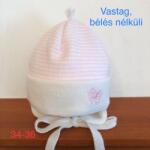  Vastag kötött fülvédős, megkötős sapka - Fehér/rózsaszín csíkos masni (34-36 cm fejkörfogat)
