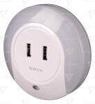 TRACON Lumină de veghe cu senzor şi cu priză USB 230VAC, 50Hz, 0, 4W, 8lm, CDS, 2xUSB (NLUSB)