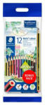 STAEDTLER Színes ceruza készlet, hatszögletű, ajándék grafitceruzával és radírral, STAEDTLER "Noris 185", 12 különböző szín (TS61SET6) - fapadospatron