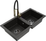 Mexen Mario, gránit mosogató 820x436x161 mm, 2 kamrás és Aster mosogató csaptelep, fekete-arany metál, 6504-75-73450-57-B (6504-75-73450-57-B)