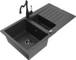Mexen Matias, gránit mosogató 900x505x200 mm, 1, 5 kamrás és mosogató csaptelep Carla, fekete foltos, 6502-76-670700-70-B (6502-76-670700-70-B)