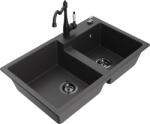 Mexen Tomas, gránit mosogató 800x500x190 mm, 2 kamrás és mosogató csaptelep Carla, fekete foltos, 6516-76-670700-70-B (6516-76-670700-70-B)