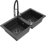 Mexen Mario, gránit mosogató 820x436x161 mm, 2 kamrás és Aster mosogató csaptelep, fekete foltos, 6504-76-73450-07-B (6504-76-73450-07-B)