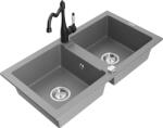 Mexen Mario, gránit mosogató 820x436x161 mm, 2 kamrás és mosogató csaptelep Carla, szürke, 6504-71-670700-70 (6504-71-670700-70)
