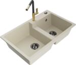 Mexen Tomas, 2 kamrás gránit mosogató 800x500x190 mm és Flora mosogató csaptelep, bézs, 6516-69-670401-57-B (6516-69-670401-57-B)