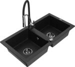 Mexen Mario, gránit mosogató 820x436x161 mm, 2 kamrás és Aster mosogató csaptelep, fekete, 6504-77-73450-07-B (6504-77-73450-07-B)
