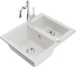 Mexen Carlos, gránit mosogató 582x475x177 mm, 1, 5 kamrás és mosogató csaptelep Carla, fehér, 6518-20-670700-00 (6518-20-670700-00)