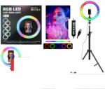  26cm-es RGB LED Selfie Ring / körfény + teleszkópos állvány + telefontartó, videó, live stream / változtatható színnel (697946494298)