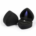 Ékszerkirály Prémium, szív alakú ékszerdoboz gyűrűnek, LED Világítással, Fekete (LBOX012)