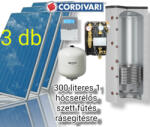 Cordivari Napkollektor rendszer Cordivari 300 literes pufferrel fűtés rásegítésre: 3 db sikkollektor + 300 literes 1 hőcserélős puffertároló + szivattyú állomás + vezérlés + tágulási tartály (SZETT_300_2VB_3SIK