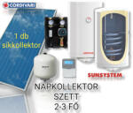 Napcsap 2-3 fő részére síkkollektoros szett HMV készítés: 1 síkkollektor + 120 literes hőcserélős bojler + szivattyú állomás + vezérlés + tágulási tartály (SZETT_23_COR_1SIK_120l_SUN)