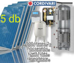 Cordivari Napkollektor rendszer Cordivari 500 literes pufferrel fűtés rásegítésre: 5 db sikkollektor + 500 literes 2 hőcserélős puffertároló + szivattyú állomás + vezérlés + tágulási tartály (SZETT_500_2VB_5SIK