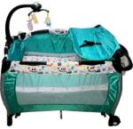 Baby Care Kerek összecsukható ágy hintaszékkel, Baby Care ROUND NEST járóka, 2 szinten összecsukható zenével és pelenkázóasztallal, Körhinta játék extra játékokkal, szállítótáska mellékelve, Zöld állatokkal (PA