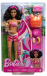 Mattel Barbie - Barna hajú Barbie baba szörfdeszkával és kiskutyával (HPL69)