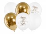 PartyDeco Baloane din latex - alb și auriu Happy birthday to you 6 buc