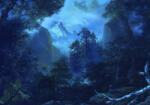  A holdfényes éj fantasztikus kékjei erdős hegyvidéki tájon éjkék fehér zöld kék és fekete tónusok falpanel/digitális nyomat (INX8-014)