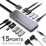 Rocketek 13 in 1 USB-C 3.1 HUB dokkoló adapter - 3x USB 3.0, Type-C USB, SD/ TF kártya olvasó, 3.5mm audio, 2x HDMI, LAN, 100W HUB Dokkoló Állomás (RT-HC481)