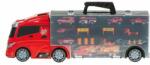 KIK Camion transportator si 7 masini de pompieri, Plastic, Rosu, 3 ani+ (KX5993)