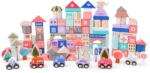 Eco Toys színes fa oktató építőkocka készlet város kiegészítőkkel, alátétszőnyeggel (55x42 cm), 115 db-os készlet