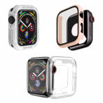 krasscom Set 3 huse pentru Apple Watch de 40mm, tip rama din sticla securizata, tip rama din silicon moale elecroplacat, tip bumper din silicon, roz, alb, transparent (HUFIS110)