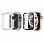 krasscom Set 2 huse pentru Apple Watch 4, Apple Watch 5, Apple Watch 6, Apple Watch SE, de 40mm, tip rama din sticla securizata, tip bumper, model cu strasuri, roz-alb, transparent (HUFIS112)