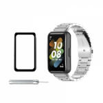 krasscom Set bratara smartwatch pentru Huawei Band 7 din otel inoxiabil, tip zale, folie de protectie ecran din sticla, si kit ajustare lungime, argintiu (HUBAND020)